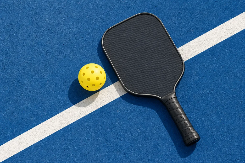 Une raquette et une balle perforée posées sur la ligne d'un terrain de pickleball.
