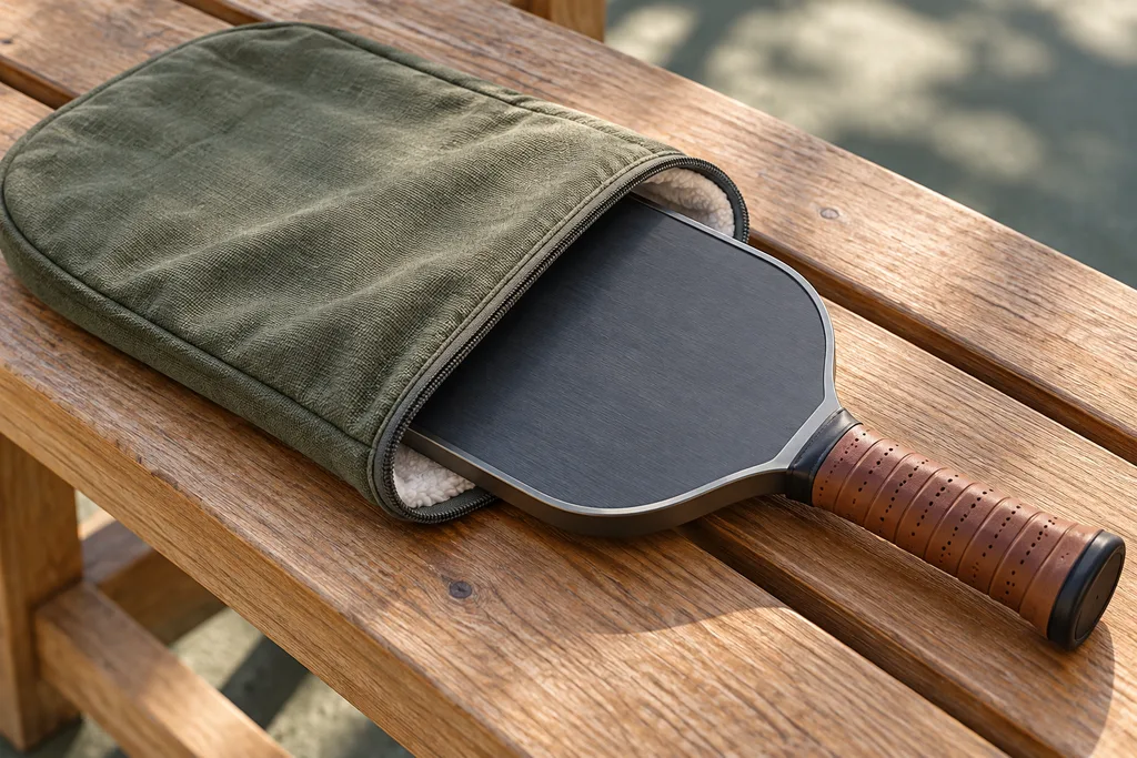 Une raquette de pickleball glissée dans une housse de protection posée sur un banc.