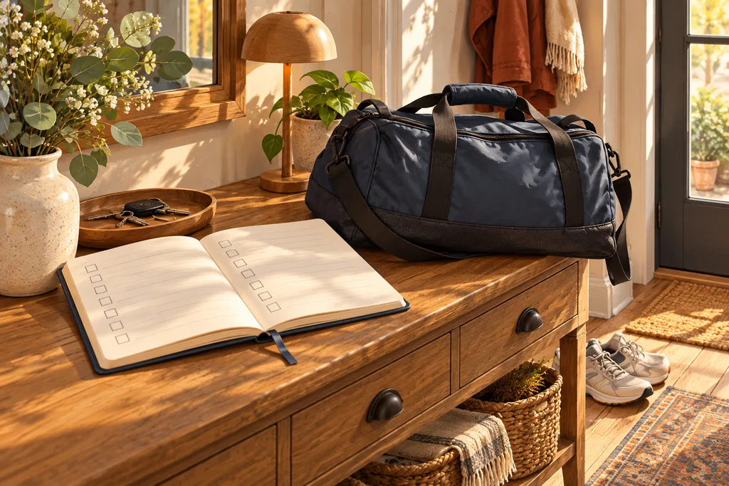 Un carnet avec une liste à cocher posé à côté d'un sac de sport fermé près de la porte.