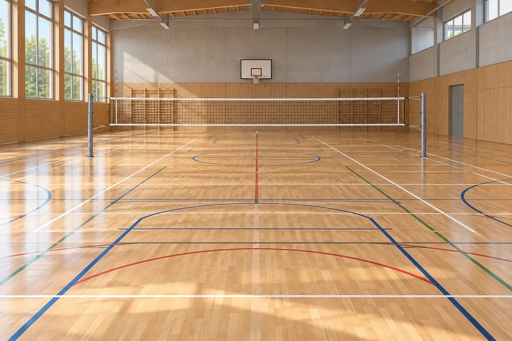 Une salle de sport où un terrain de badminton et des lignes de pickleball se partagent le sol.